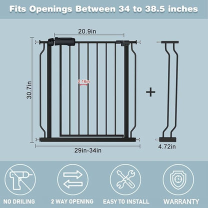 Extra Wide Baby Gate Black 34-38.5 Inch Wide Walk Through Pressure Mounted No Drill Long and Large Tension Metal Gate for Dog and Toddler