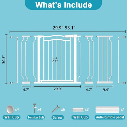 Extra Wide Baby Gate for Doorways 29.9"-53.1", Pressure Mounted Dog Gates With Door, Child Safety Barrier Walk Thru Indoor, Large Babygate Long for Kids Toddler Pet Outside, 30 In Tall White