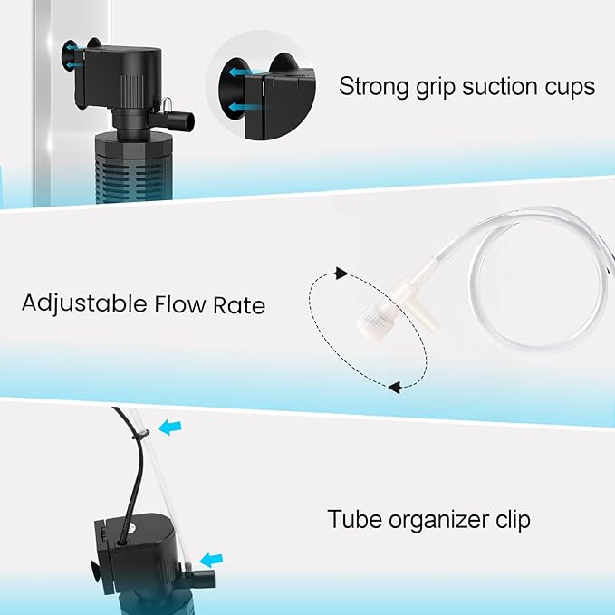 Aquarium Filter for 60-150 Gallons - Adjustable Flow Fish Tank Filters 420GPH Ultra-Quiet Submersible Power Pump Internal Filter with Biochemical Filtration Air Supply Water Clean