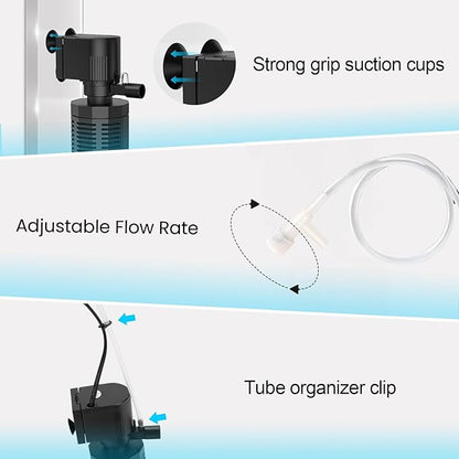 Aquarium Filter for 60-150 Gallons - Adjustable Flow Fish Tank Filters 420GPH Ultra-Quiet Submersible Power Pump Internal Filter with Biochemical Filtration Air Supply Water Clean
