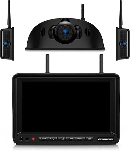 3-Camera Wireless RV Backup Camera System with 7-Inch Monitor, 1 Rear Sharkfin, 2 Side Cameras, DVR Monitor & IR Night Vision, IP69K Waterproof, Compatible with Furrion Pre-Wired RV Trailer