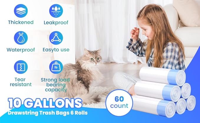 60 Pack Large Cat Litter Bags - 3MIL Extra Thick Leakproof Litter Box Liners, 31"x18" Heavy Duty Drawstring Cat Litter Liners for Automatic Litter Box, Odor Control Disposable Kitty Litter Bags 6 Roll