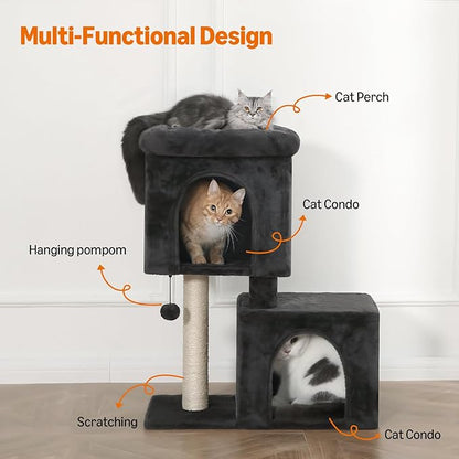 Amazon Basics 30 inch 2 Story Condo Cat Tree with Scratching Posts for Indoor Cats up to 16 lbs, Activity Center with Cozy Perch, Replaceable Hanging Pompom, Dark Gray