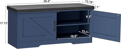 2-Tier Storage Bench, Shoe Bench with Padded Seat Cushion, Entryway Bench with 2 Barn Doors, Adjustable Shelf, 13.8" D x 39.4" W x 17.7" H, for Entryway, Living Room, Bedroom, Blue