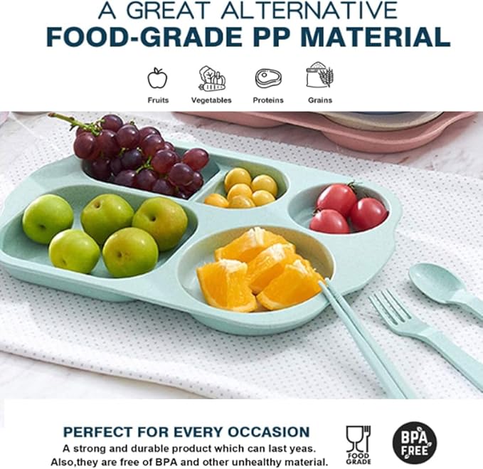 12 Inch Divided Plates4 PCS - Reusable Unbreakable Wheat Straw Plates, Dinnerware Lunch Tray Plates Tableware for Kitchen, Picky Eaters, Campers and Portion Control (Blush)