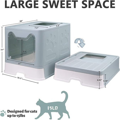 Foldable Cat Litter Box with Lid, Enclosed Potty, Large Top Entry Anti-Splashing Toilet, Easy to Clean Including Litter Scoop and 2-in-1 Cleaning Brush (Blue)