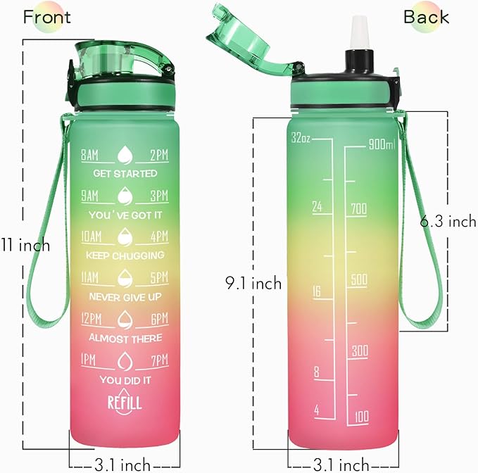 Enerbone Water Bottle, Leakproof BPA & Toxic Free, Motivational Water Bottle with Times to Drink and Straw, Fitness Sports Water Bottle with Strap for Office, Gym, Outdoor Sports
