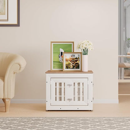 26" Heavy Duty Dog Crate Furniture for Small,Medium and Large Dogs,Rustic Wooden Dog Cage Kennel Indoor Furniture with Waterproof Top,Decorative Pet House Side End Table (White & Wood)