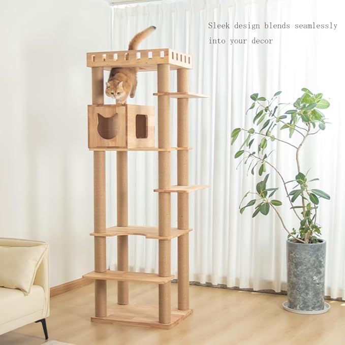 74" Wooden Cat Tree Tower for Large Cats, Multi-Level Cat Climbing Furniture with Scratching Posts, Cat Condo & Hammock, Natural Wood Cat Activity Center(Brown)