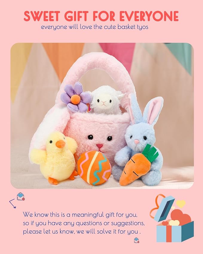 7 Piece Plush Stuffed Animals Playset Toys with Rabbit, Chick, Lamb, Carrot, Egg, Flower, Furry Bag, Soft Basket Set Toys for Girls Kids Ages 3+, Birthday Christmas Valentines Easter Party Favors