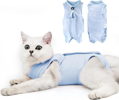 DOTON Cat Recovery Suit for Male and Female Surgical Post Surgery Soft Cone Onesie Shirt Clothes Neuter Licking Protective Diapers Outfit Cover Kitten Spay Collar(M, Blue)