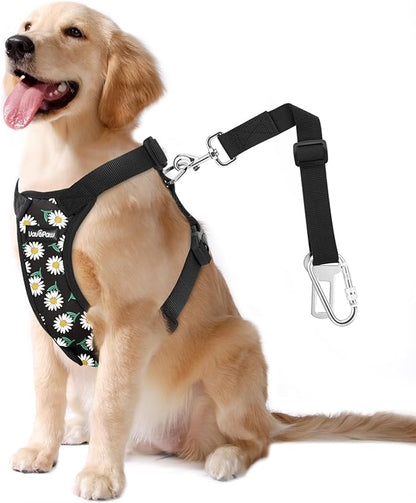 Dog Seat Belt, Safety Vest Dog Car Harness with Adjustable Buckle Dog Seat Belt for Vehicle Nylon Pet Safety Seat Belts Heavy Duty(L, Black Daisy)