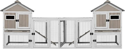 94''L Rabbit Hutch Outdoor Chicken Coop with Run, Wooden Indoor 2 Story Bunny House with Waterproof Roof, Pull Out Tray, Guinea Pig Rabbit Duck Cage for Small to Medium Animals and Pet Lover, Gray
