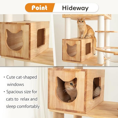 74" Wooden Cat Tree Tower for Large Cats, Multi-Level Cat Climbing Furniture with Scratching Posts, Cat Condo & Hammock, Natural Wood Cat Activity Center (White)
