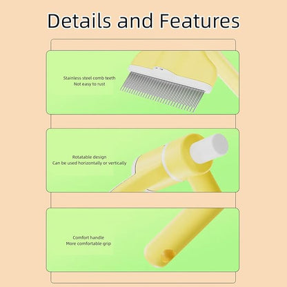 360° Press and Rotate Flea Comb for Cats and Dogs - Self-Cleaning Pet Hair Removal Tool with Release Button & Long-Short Stainless Steel Teeth for Shedding (Green and Yellow)