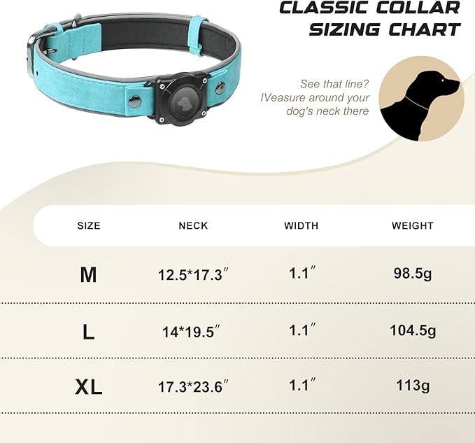 AirTag Dog Collar - Leather Dog Collar with Air Tag Holder | IPX8 Waterproof, Reflective, High - End, Adjustable Soft Padded | Dog GPS Tracker Collars Fit for Medium Large Dogs (Light Blue, M)