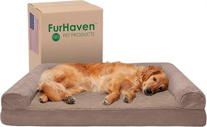 Furhaven Cooling Gel Dog Bed for Large Dogs w/ Removable Bolsters & Washable Cover, For Dogs Up to 95 lbs - Plush & Suede Sofa - Almondine, Jumbo/XL