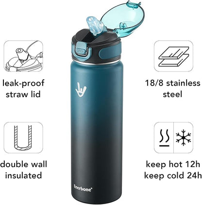 Enerbone 24 oz Insulated Water Bottle, Stainless Steel Bottle with Carrying Strap, Double-Wall Vacuum Insulation Design, Leakproof Sports Bottle with Straw, Keep Drinks Cold or Hot for Hours