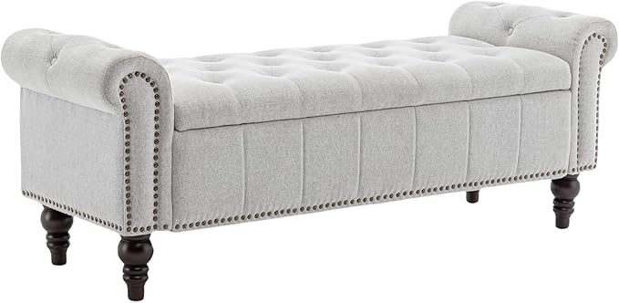 58’’ Storage Bench for Bedroom, Upholstered Button-Tufted Ottoman with Solid Wood Legs, Queen Size End of Bed Shoe Cabinet, Window Seat Foot Rest Stool for Entryway, Living Room (Silver)