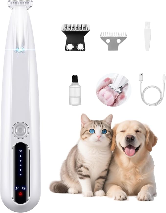 2 Mode Paw Trimmer for Dogs & Cats - Electric Quiet Dog & Cat Grooming Trimmer, Rechargeable Clipper with LED Light, 2 Blades, Waterproof for Paws/Ears/Face
