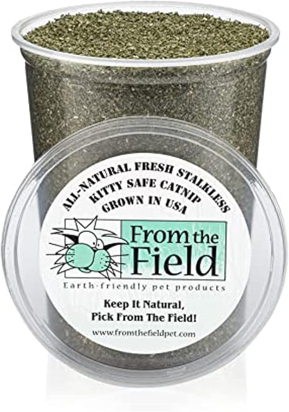 from The Field | Fine Ground Stalkless Catnip | Premium USA-Grown Catnip for Toys & Playtime | Fresh, Potent, Non-Toxic, Eco-Friendly | Safe for Kittens & Cats | Resealable 6 oz Tub