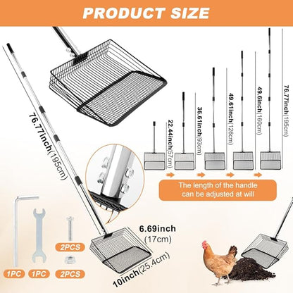 10inch Chicken Poop Scooper, Chicken Coop Scoop for Poop, 4 Sections Extended with 22 to 77inch Stainless Steel Adjustable Handle, Litter Scooper Sifting Shovel