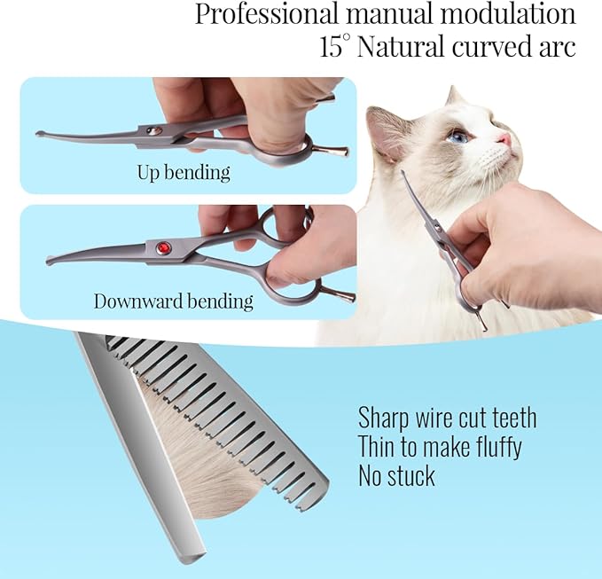 4.5" Dog Grooming Scissors - 2pcs Curved Scissors & Thinning Shears for Small Dog, Cat Face & Paws - Japan 440C (2Kit)