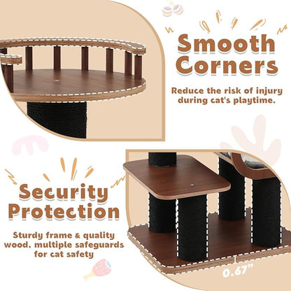 70.9'' Black Cat Tree for Indoor Cats Large Adult, Heavy Duty Cat Tower with Scratching Post, Modern Kitty Tree with Removable Mats, Semi-closed Condo and Transparent Bowl, Wooden Luxury Cat Furniture