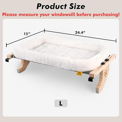 AMOSIJOY Cat Sill Window Perch Sturdy Hammock Seat with Cushion Bed Cover, Wood & Metal Frame for Large Cats, Easy to Adjust Windowsill, Bedside, Drawer and Cabinet (L)
