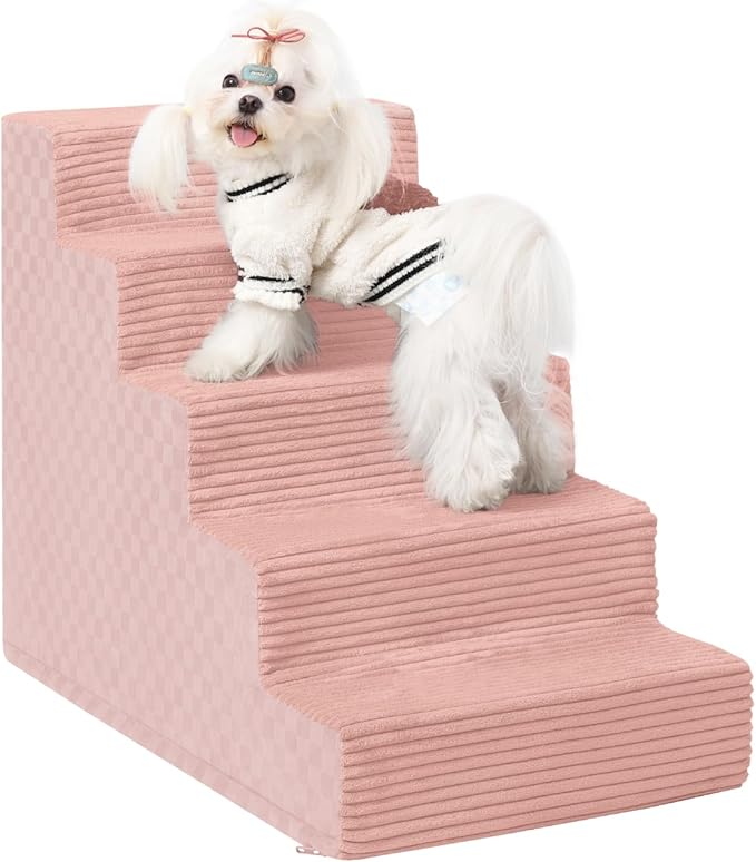 Dog Stairs for Small Dogs,22" H,5-Step Dog Steps for Bed and Couch with High Density Foam,Non-Slip Pet Steps for Doggy and Cat,Pet Stairs with a Washable Cover,Pink