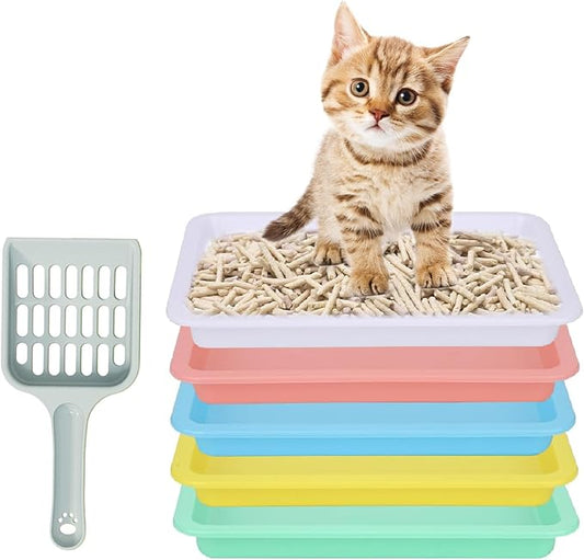 5pcs Kitten Litter Box, Small Cat Litter Box with Scooper, Small Litter Pan Low Entry Shallow Plastic Litter Tray Portable Cat Waste Tray Open Travel Kitten Boxes for Small Pet Rabbit Newborn Cat