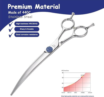 7.5'' Dog Grooming Scissors CNC 440C Blades Sharp and Durable Polished Curved Dog Shears with Blue Diamond Adustable Screws Easy to Use for Groomer and Home User