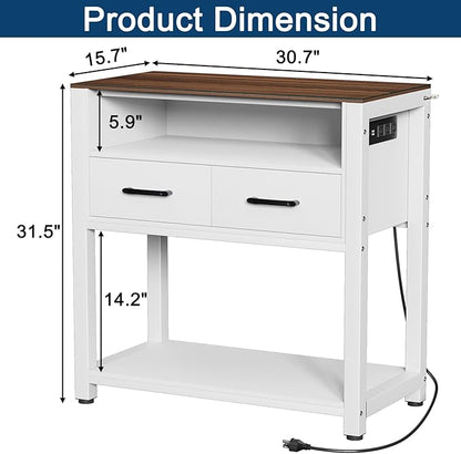 20-29 Gallon Fish Tank Stand with Power Outlet & 2 Storage Drawers, Heavy Duty Metal Frame Aquarium Stand with Waterproof Mat, 30.7" L*15.7" W Tabletop, 550LBS Capacity, White+Brown