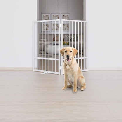 Full Metal Freestanding Dog Gate with Door, 32''Height Foldable Pet Dog Fence for Indoor & Outdoor, 2 Panels Extra Wide Free Standing TallDog Gates for Doorways,House,Stairs,Porch,Deck,Yard