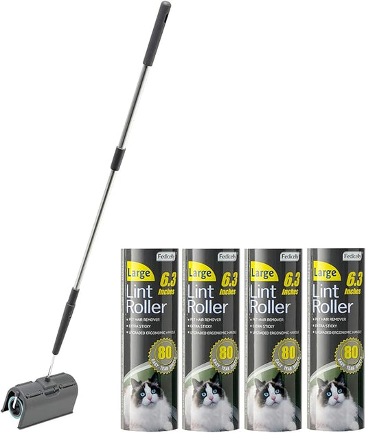 Fedicelly Lint Rollers Pet Hair Extra Sticky Floor with Long Handle,Large Cat Dog Hair Remover Laundry Clothes Carpet Furniture,6.3 inches Wider with 320 Sheets Giant Lint Remover Brush for Couch