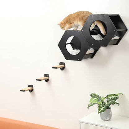 3 Pcs Cat Steps and Perches for Wall, Climbing Shelf With Hemp Rope, Wall-Mounted Furniture Set With Scratching Pads for Playing (Black)