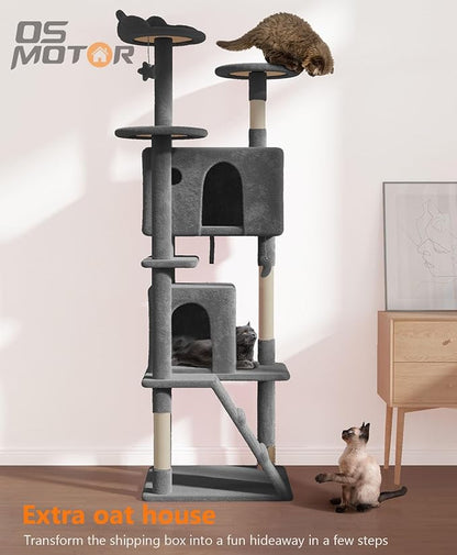 77'' Cat Tree Tower for Indoor Cats Large Adult, Cute/Tall Modern Cat Tree for Big Cats 20 lbs, Plush Multi-Level Cat Condo with Scratching Posts, Dangling Ball (Smoky Gray, 77 inch)