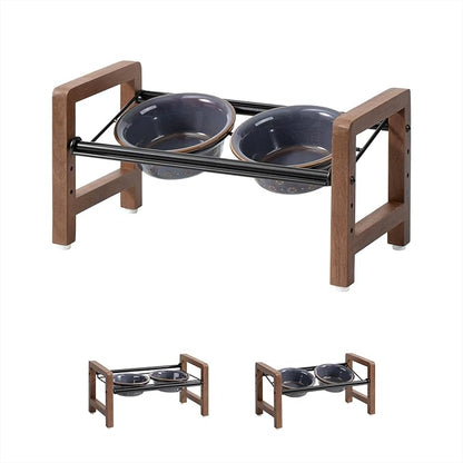 5.5inch Ceramic Adjustable Raised Double Bowls Set with Stand, 3 Heights Elevated, 2 Placement Options, Food and Water Dishes for Puppy, Cats（Double Bowls+Stand, Reactived Glaze -Grey