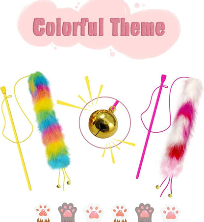 2 Pack Cat Wand Toy, Rainbow Cat Feather Toys with Bells, Teaser Wand with Soft Furry Tail, Interactive Toys for Indoor Cats & Kitten & Kitty