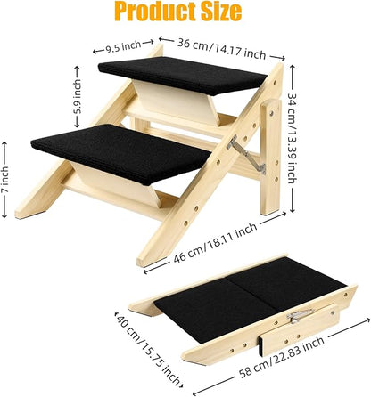 Foldable Dog Stairs/Ramp with 2 Steps - Durable Wooden Pet Stairs for Small, Medium, Large Dogs - Black (No Assembly Required)