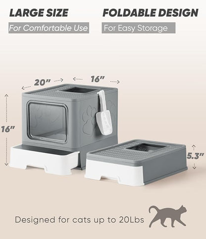 Enclosed Cat Litter Box, Large Litter Box for Big Cats, Covered Kitty Litter Boxes with Lid, Top Entry Cat Box Enclosure with Scoop, Odor Control, Easy to Clean(Grey)