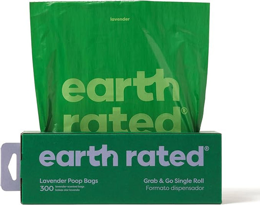 Earth Rated Dog Poop Bags, Thick Grab and Go Single Roll, Ideal for Backyard Pickups, Lavender Scented, 300 Count
