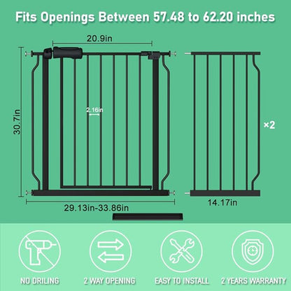 ALLAIBB Extra Wide Pressure Mounted Baby Gate Walk Through Child Kids Safety Toddler Tension White Long Large Pet Dog Gates with Extension for doorways Kitchen (57.48-62.20"/146-158cm, Black)