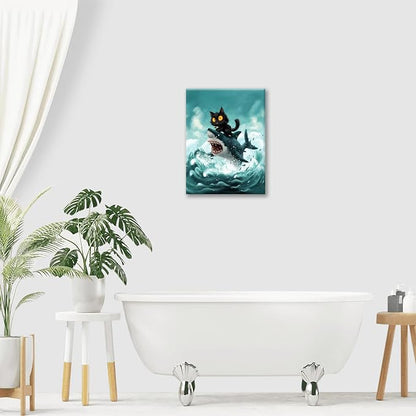 Funny Black Cat Bathroom Wall Art Cute Cat Riding Shark Canvas Wall Decor Animal Kitten Pictures Painting Print Artwork Framed Decorations Gifts for Cat Lover Kids Room Bedroom 24"x20"