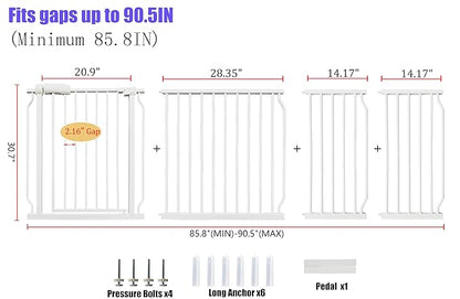 Extra Wide Baby Gate 85.8-90.5 Inch, Pressure Mounted No Drilling, for Stairs & Doorways, Metal White Indoor Safety Gate for Kids and Dogs