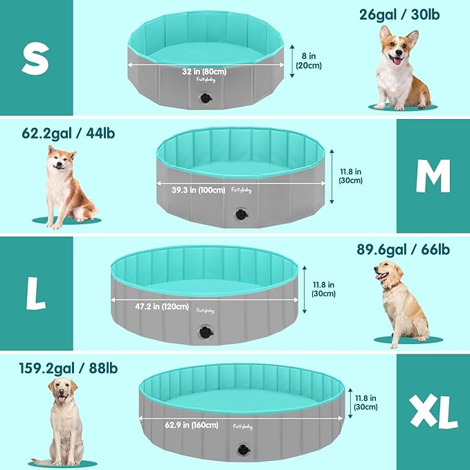 Furrybaby Dog Pool Foldable Dog Pools for Large Dogs with Hard Plate Collapsible Pet Bath Pool Kiddie Grey 63''