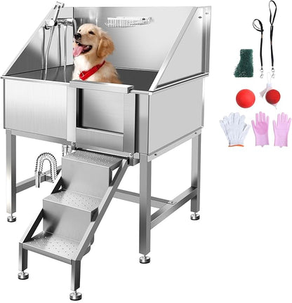 38"" Pet Dog Bathing Station W/Ramp, Professional Stainless Steel Dog Grooming Tub W/Soap Box, Faucet,Rich Accessory, Dog Bathtub for Large,Medium,Small Pets, Washing Sink for Home,R-RAMP