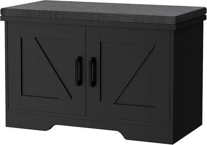 2-Tier Storage Bench, Shoe Bench with Padded Seat Cushion, Entryway Bench with 2 Barn Doors, Adjustable Shelf, 13.8" D x 27.6" W x 17.7" H, for Entryway, Living Room, Bedroom, Black