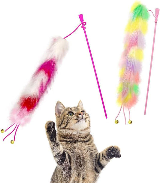 2 Pack Cat Wand Toy, Rainbow Cat Feather Toys with Bells, Teaser Wand with Soft Furry Tail, Interactive Toys for Indoor Cats & Kitten & Kitty