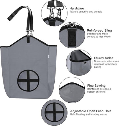 3 Packs Goat Hay Feeder,Hay Bags for Goats,Horses,Sheep,Premium 600D Oxford Cloth,with Metal Fastener and Adjustable Open Feed Hole for Slow Feeding. (1 Black+2Grey)